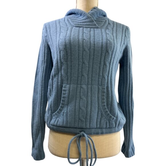 Twiggy London Lambswool Blue Sweater Hoodie Cable Knit Tie Waist Pocket Sz S - Picture 2 of 10